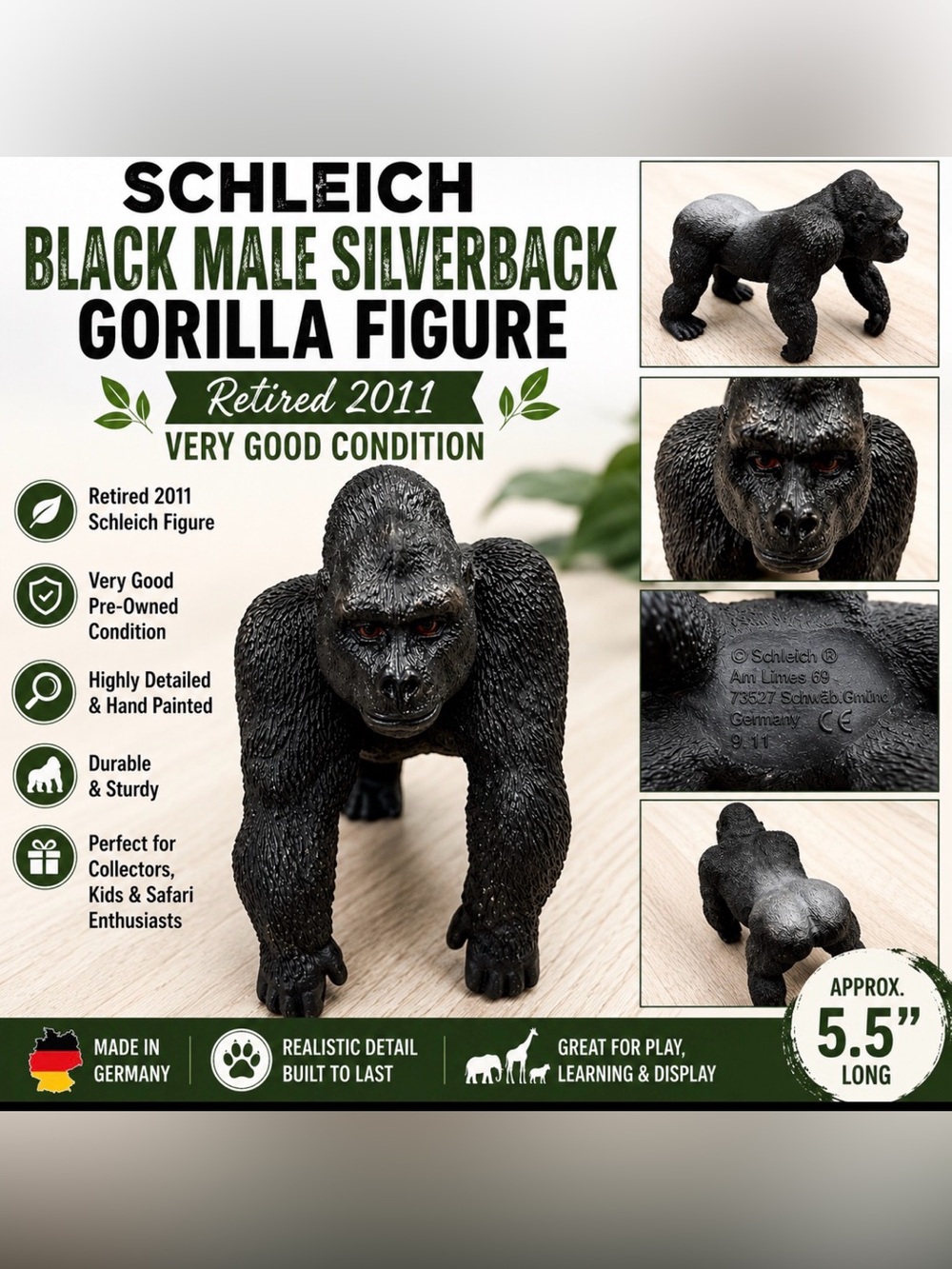 Schleich Black Male Silverback Gorilla Figure - Black